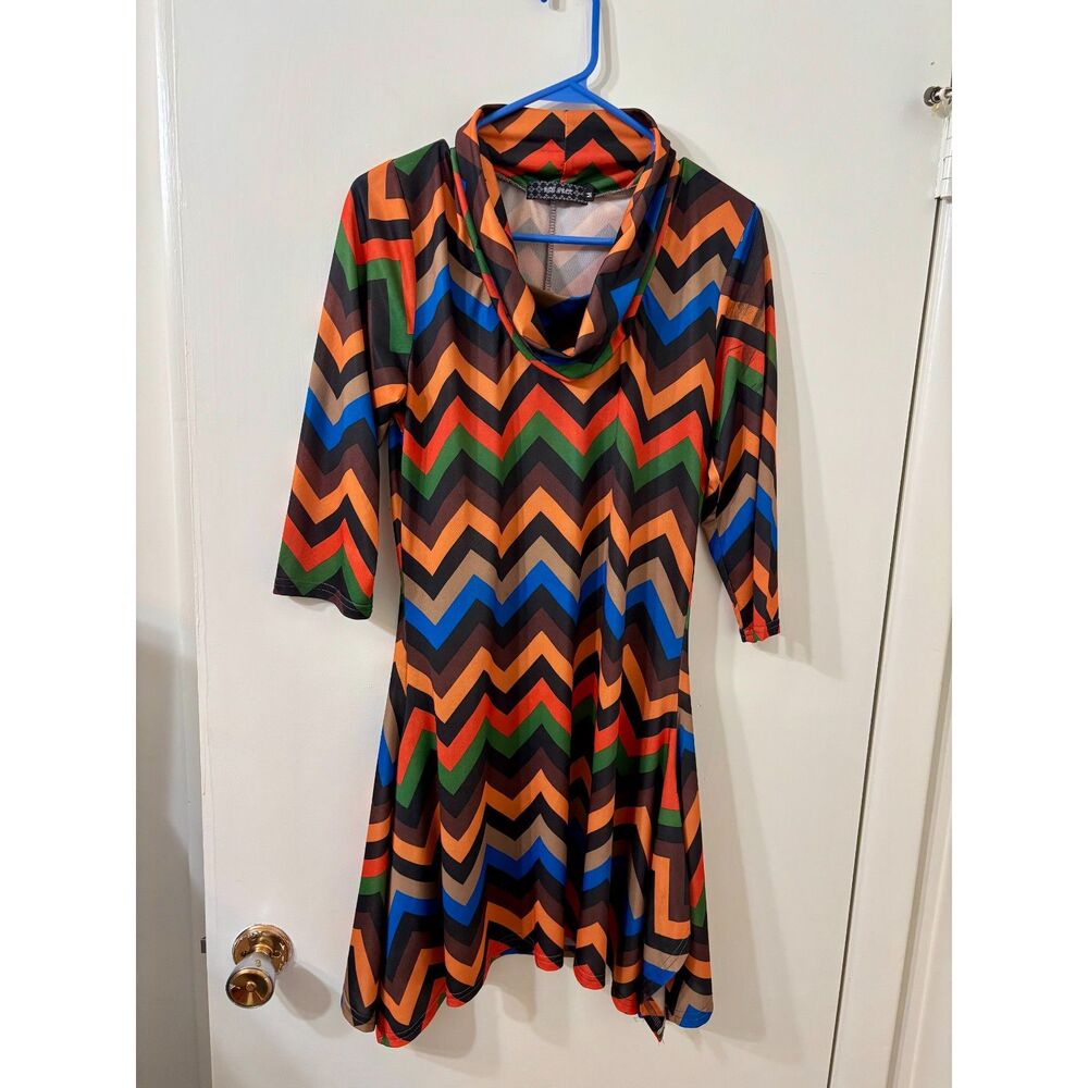 Ice Silk Retro Womens Medium Chevron Cowl Neck Knee Flare Dress